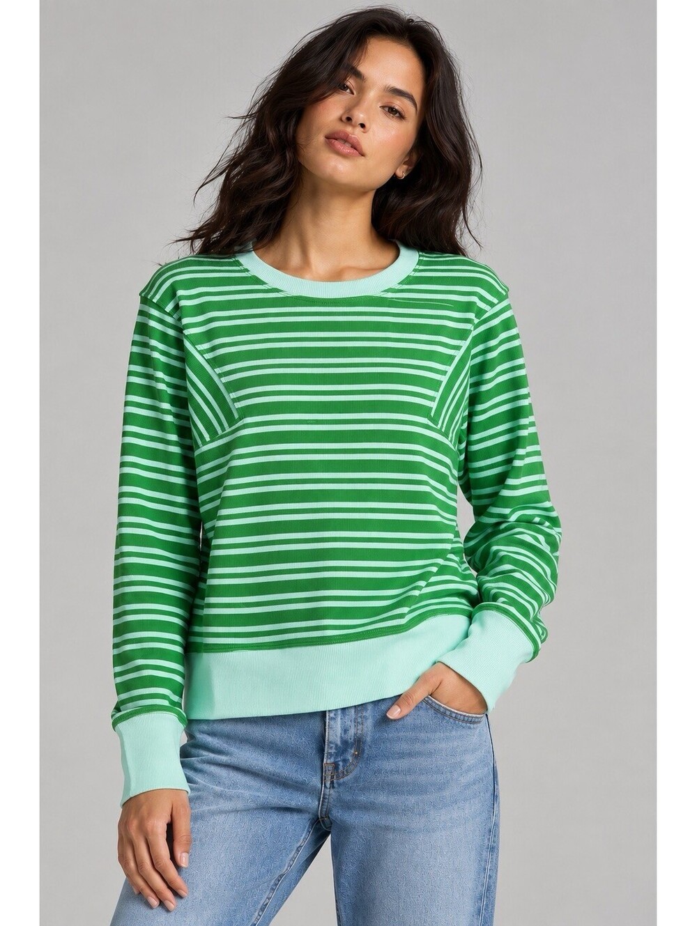 Maeve Anthropologie Green And Blue Striped Ribbed Long Sleeve Top Size XS Cozy